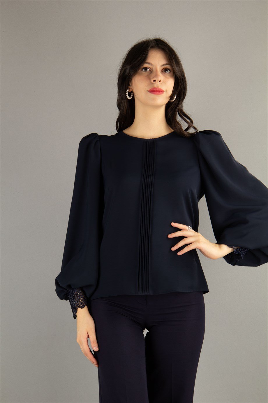 Lace Cuff Pleated Blouse - Navy Blue