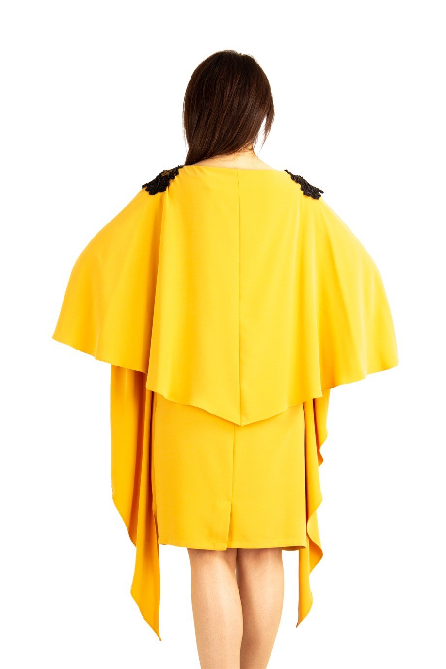 Lace Detailed Shoulder Slit Sleeve Cloak Dress - Mustard