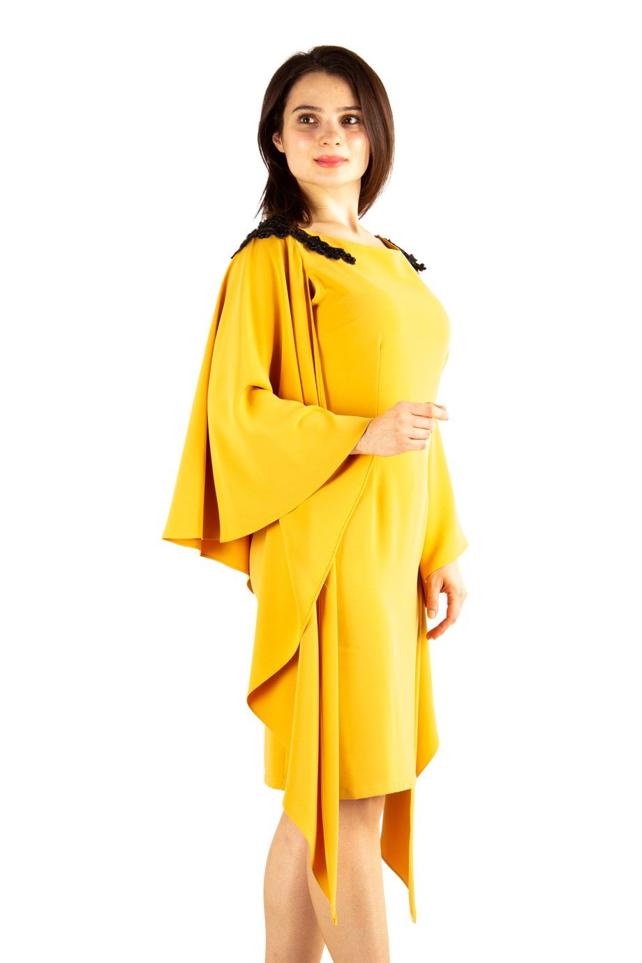 Lace Detailed Shoulder Slit Sleeve Cloak Dress - Mustard