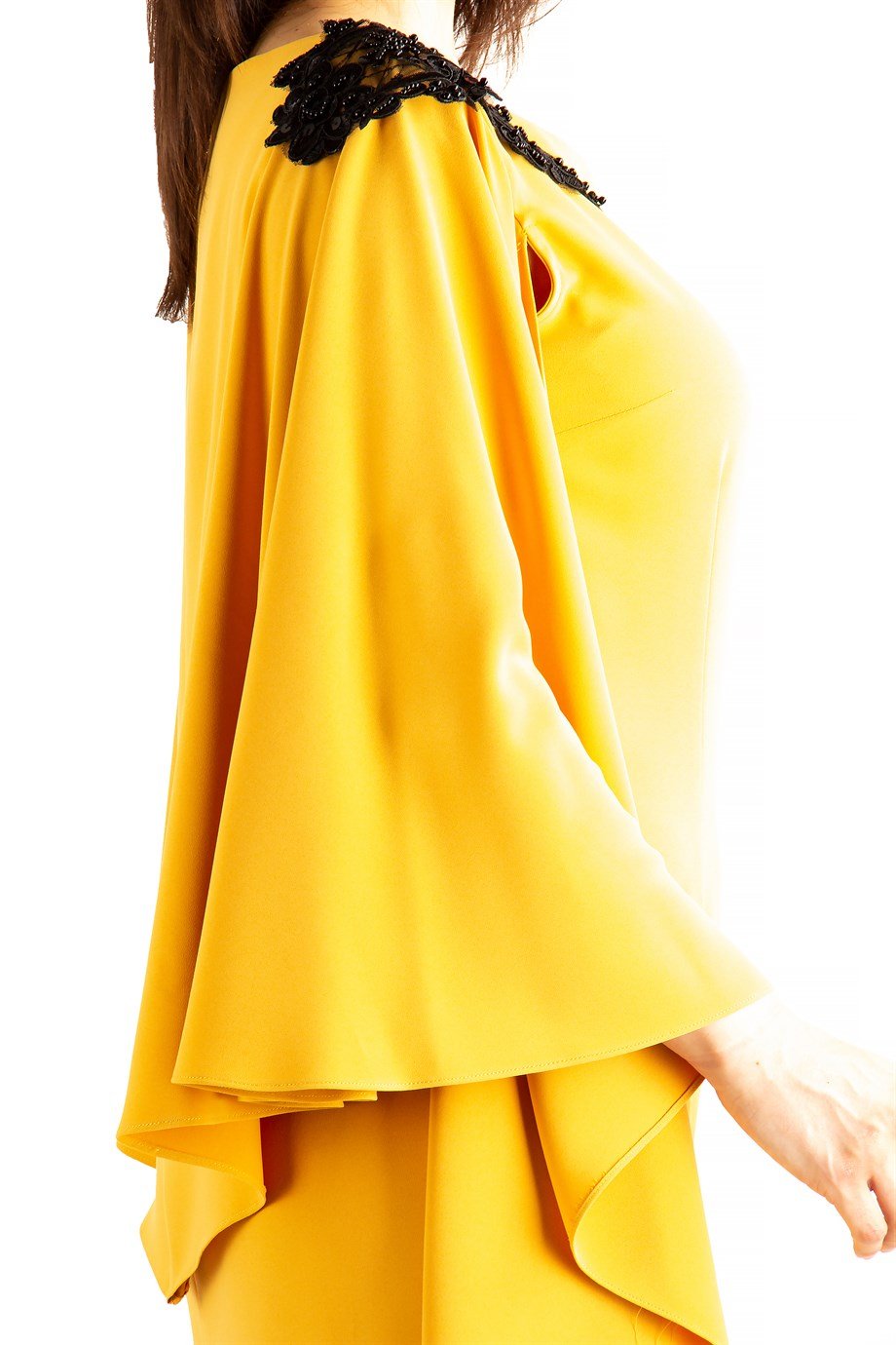 Lace Detailed Shoulder Slit Sleeve Cloak Dress - Mustard