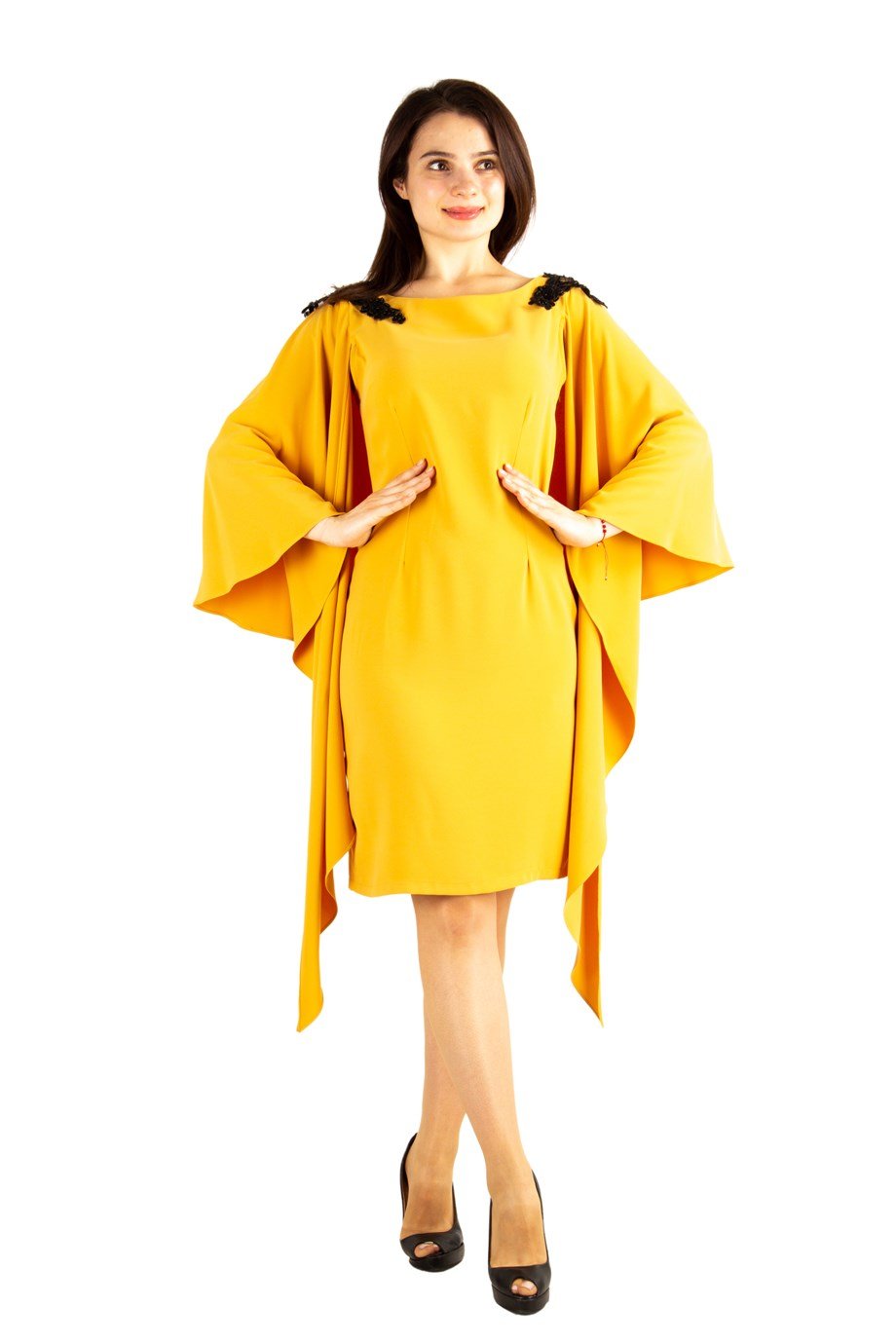 Lace Detailed Shoulder Slit Sleeve Cloak Dress - Mustard