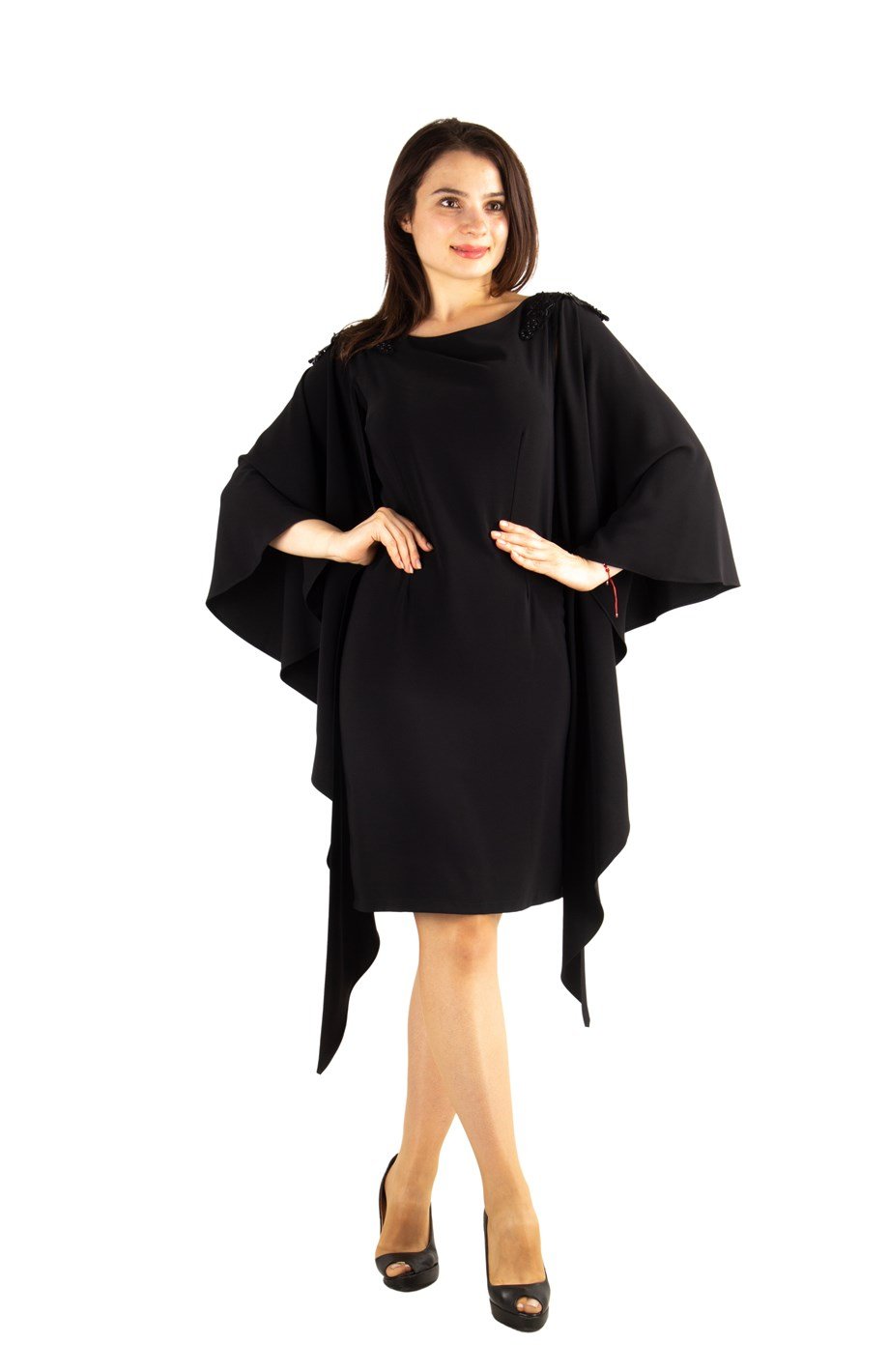 Lace Detailed Shoulder Slit Sleeve Cloak Dress - Black