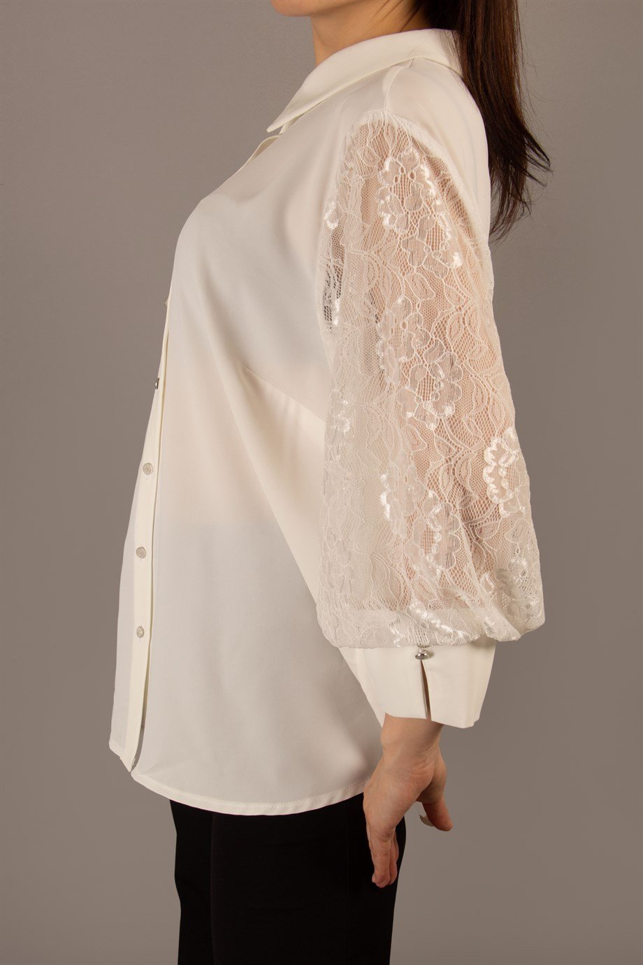 Lace Sleeve Big Size Button Shirt - White