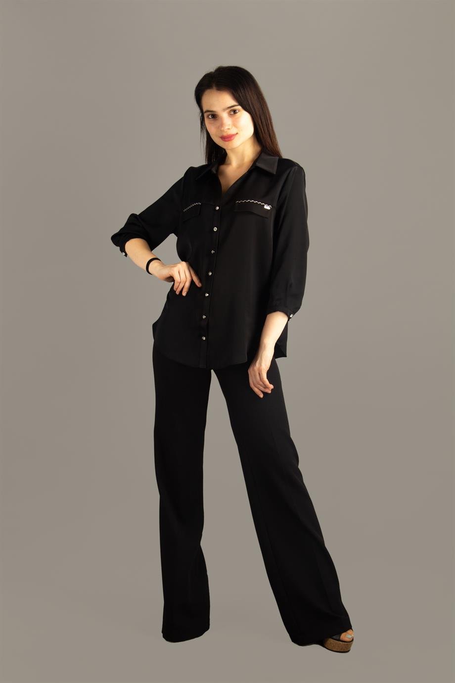 Metal Button Satin Women Shirt - Black