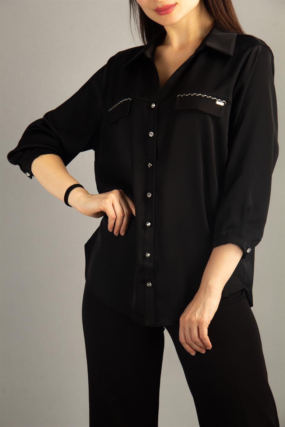 Metal Button Satin Women Shirt - Black
