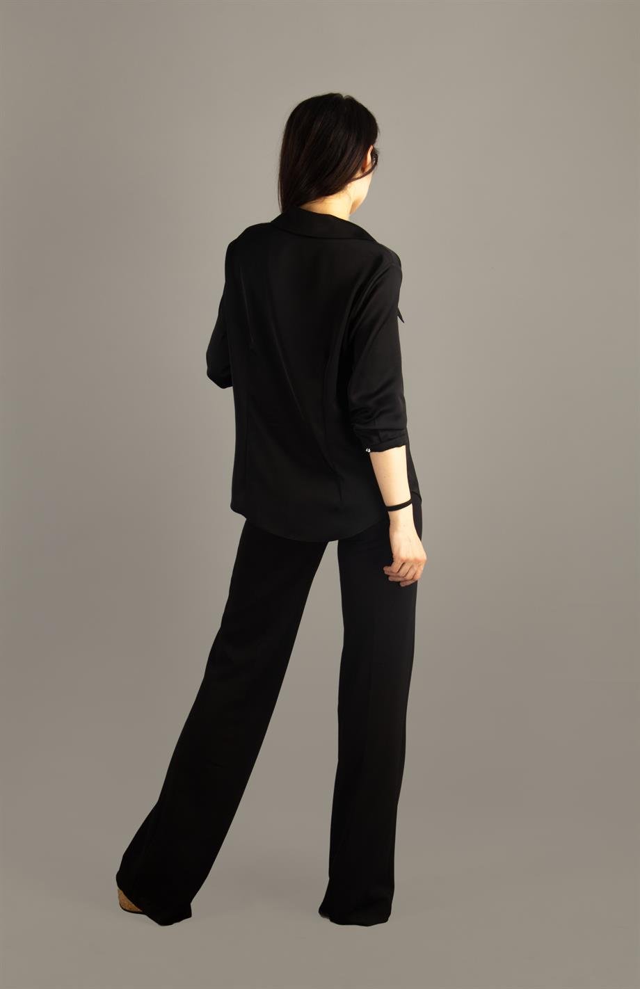 Metal Button Satin Women Shirt - Black