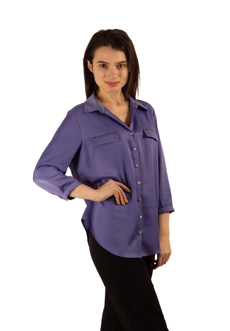 Metal Button Satin Women Shirt - İndigo