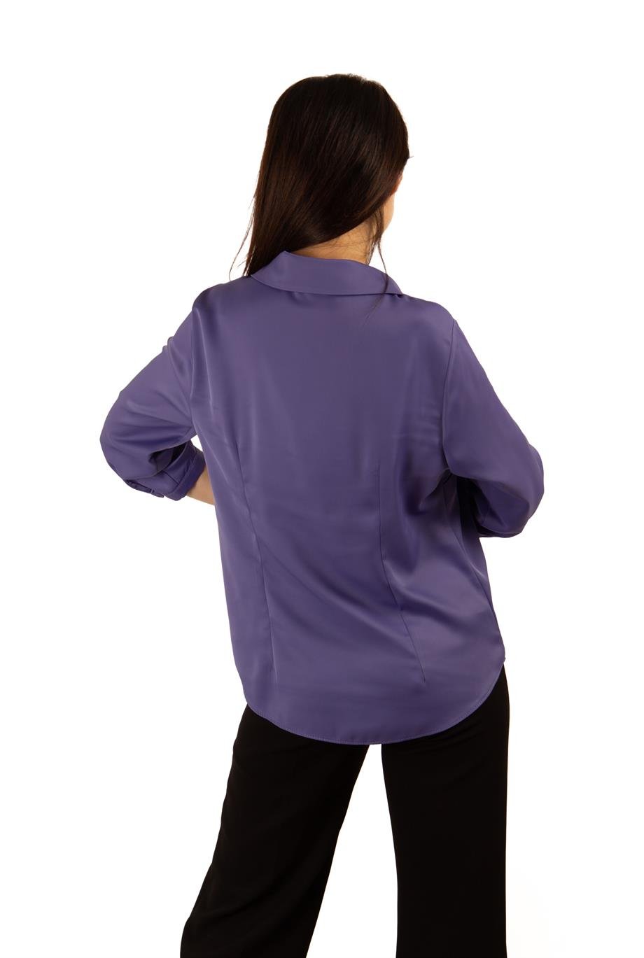 Metal Button Satin Women Shirt - İndigo