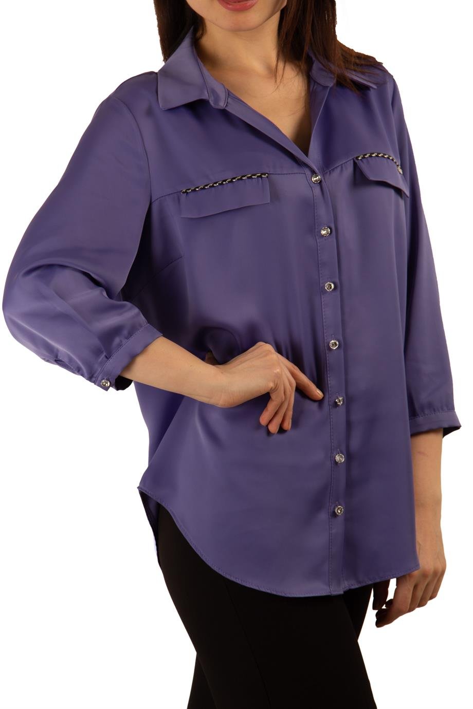 Metal Button Satin Women Shirt - İndigo