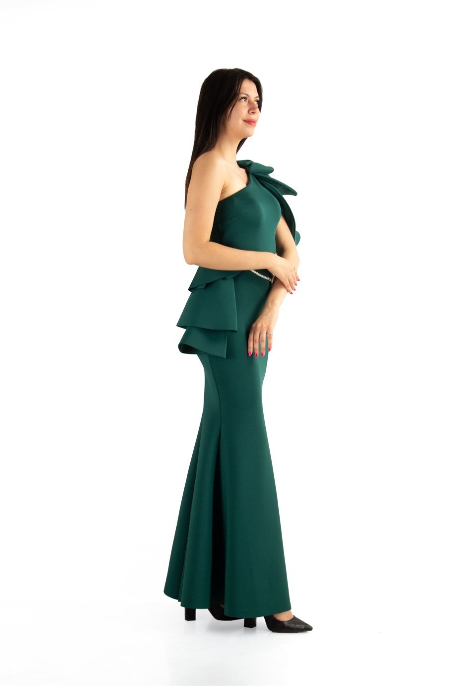 Multilayer Sleeve One Shoulder Long Scuba Dress With Pearl Belt - Emerald Green 