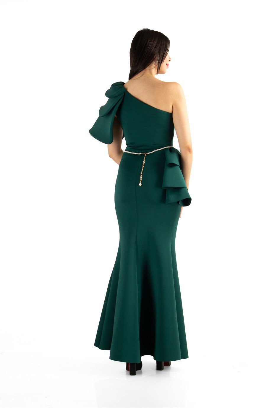 Multilayer Sleeve One Shoulder Long Scuba Dress With Pearl Belt - Emerald Green 