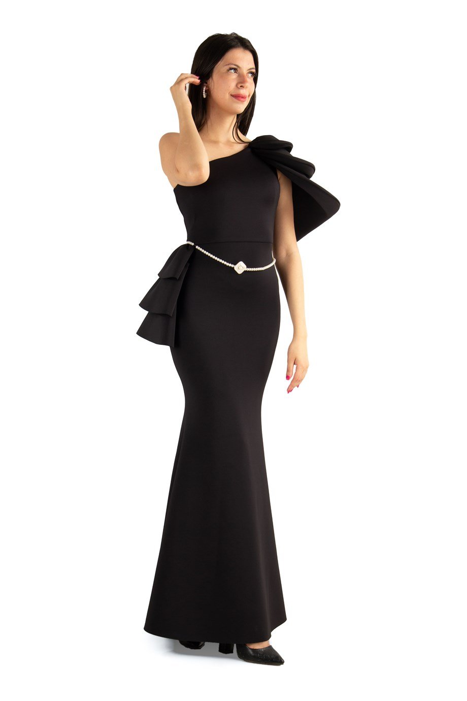 Multilayer Sleeve One Shoulder Long Scuba Dress With Pearl Belt - Black