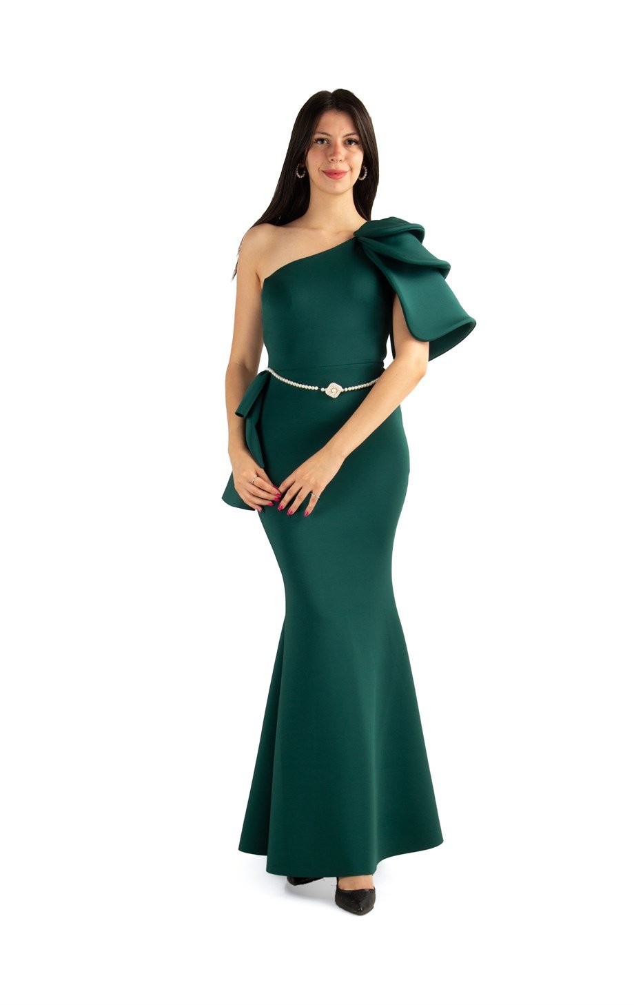 Multilayer Sleeve One Shoulder Long Scuba Dress With Pearl Belt - Emerald Green 