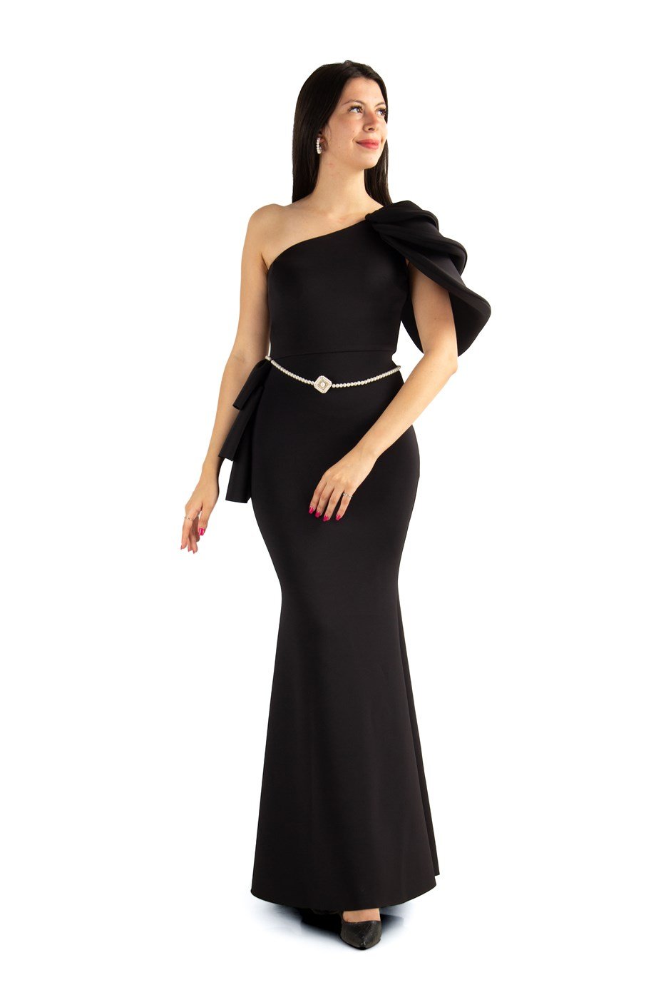 Multilayer Sleeve One Shoulder Long Scuba Dress With Pearl Belt - Black