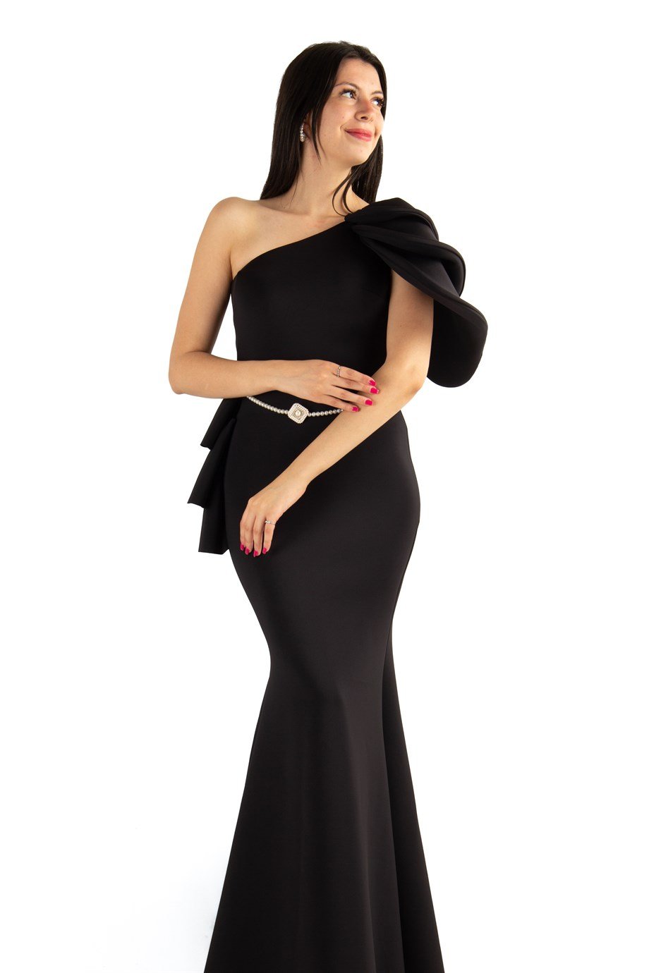 Multilayer Sleeve One Shoulder Long Scuba Dress With Pearl Belt - Black
