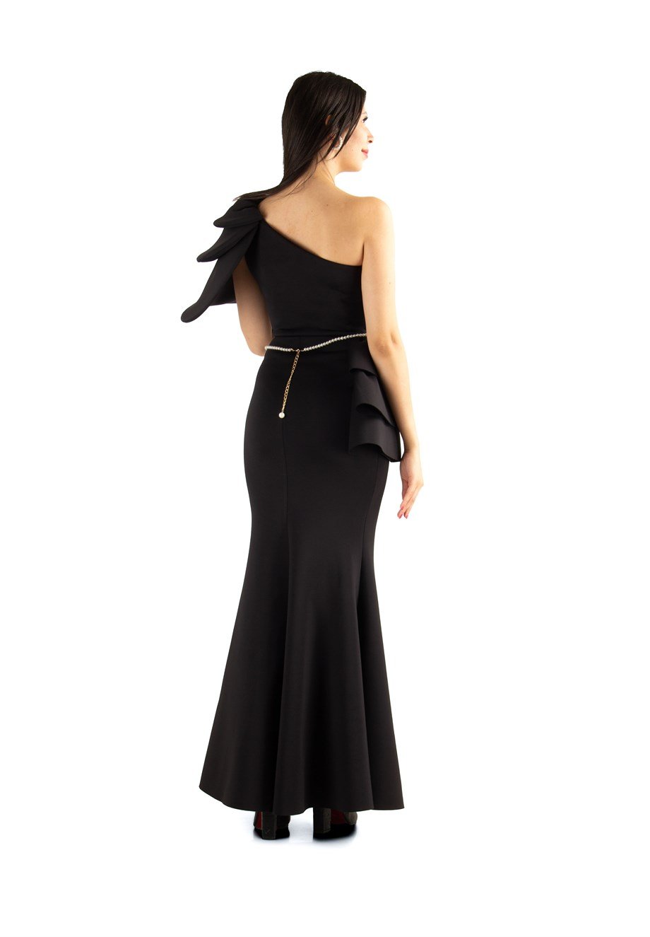 Multilayer Sleeve One Shoulder Long Scuba Dress With Pearl Belt - Black