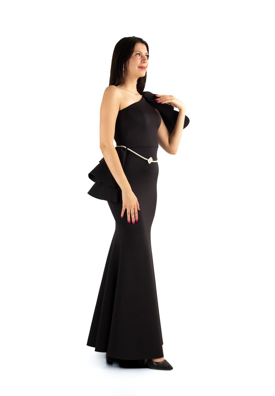 Multilayer Sleeve One Shoulder Long Scuba Dress With Pearl Belt - Black