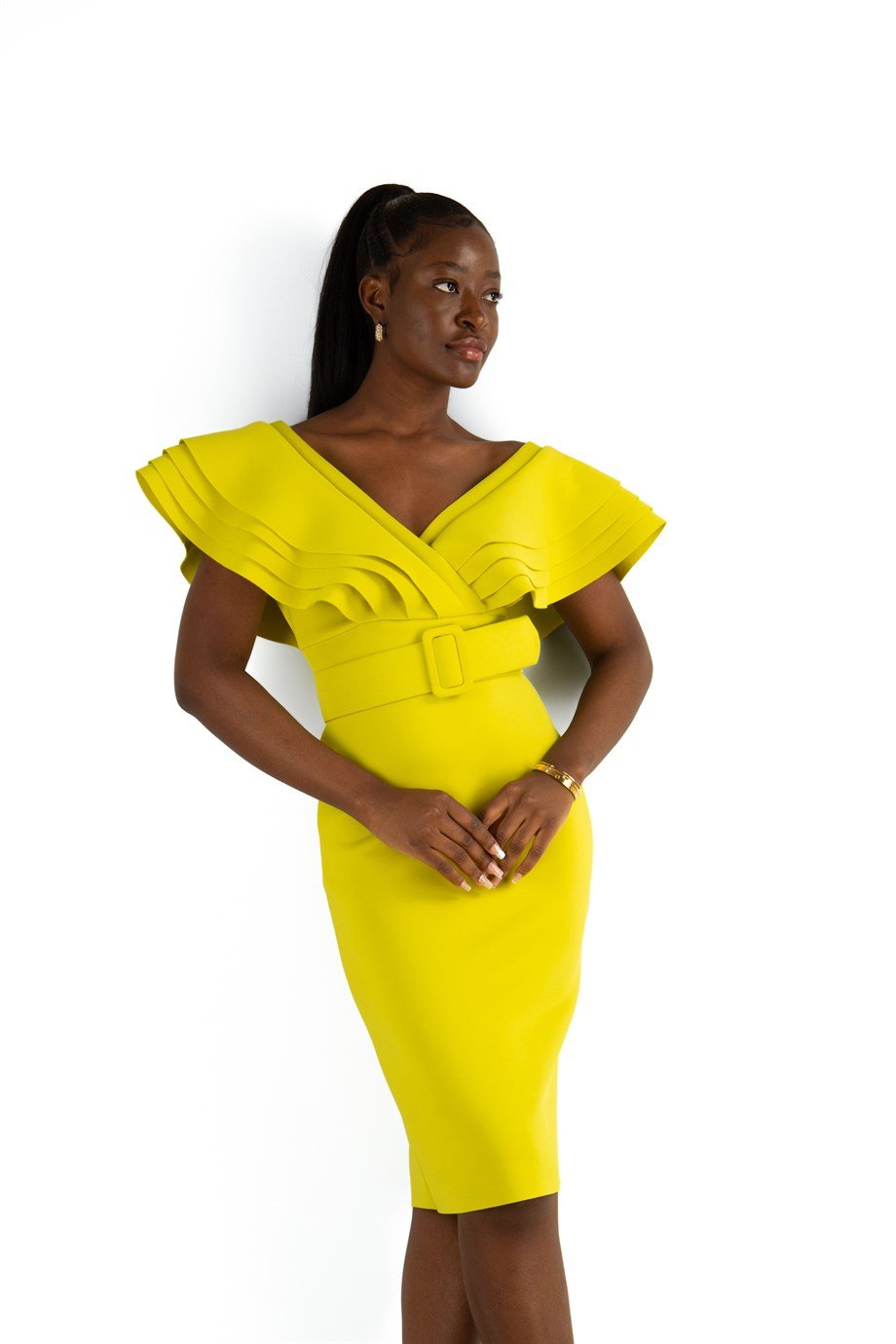 Multilayer Sleeveless V-Neck Scuba Dress - Lime Green