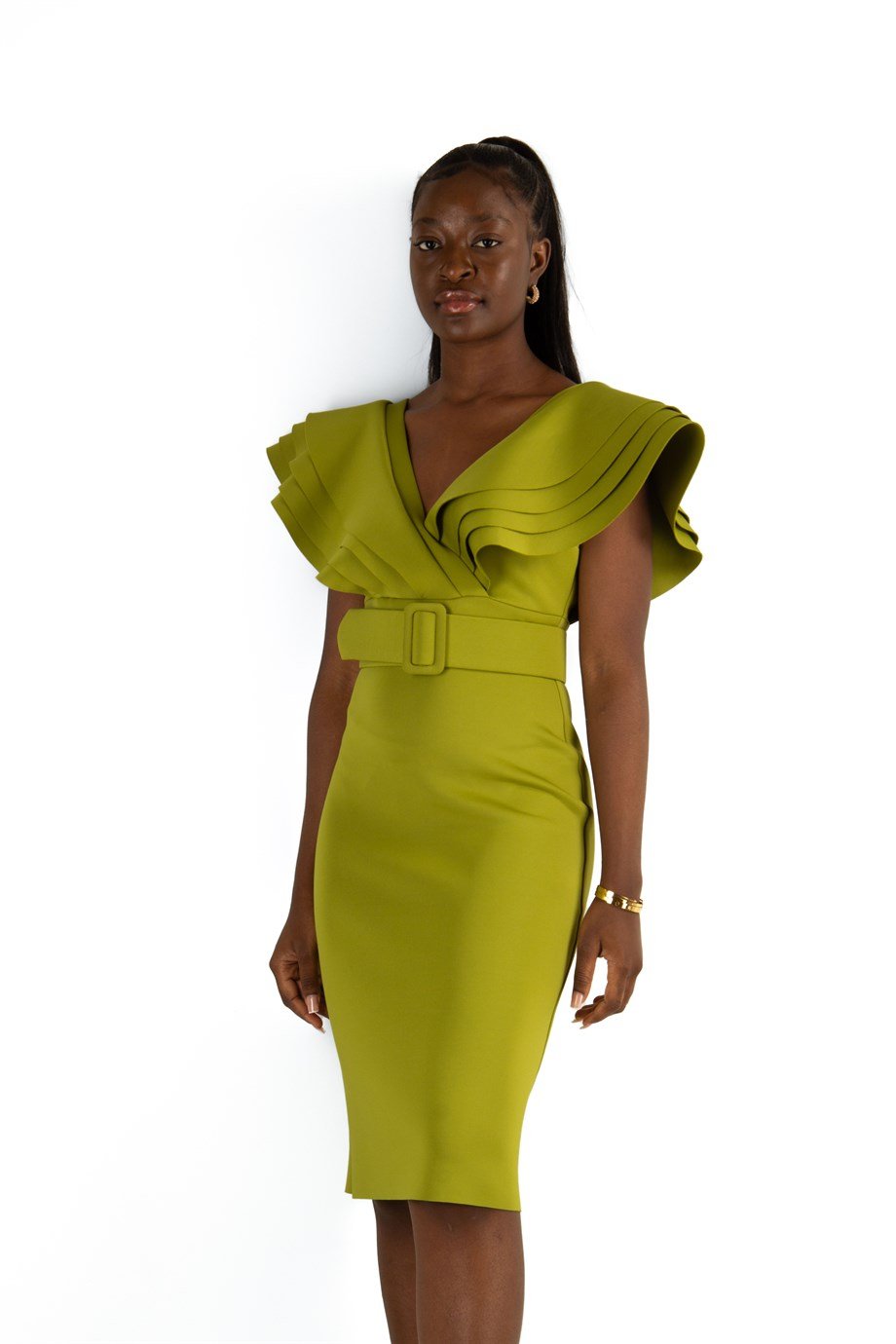 Multilayer Sleeveless V-Neck Scuba Dress - Khaki