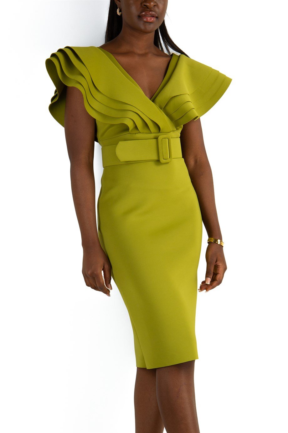 Multilayer Sleeveless V-Neck Scuba Dress - Khaki