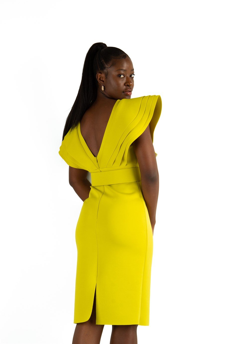 Multilayer Sleeveless V-Neck Scuba Dress - Lime Green