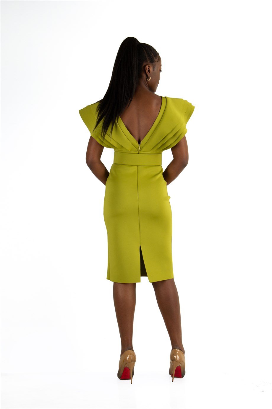 Multilayer Sleeveless V-Neck Scuba Dress - Khaki