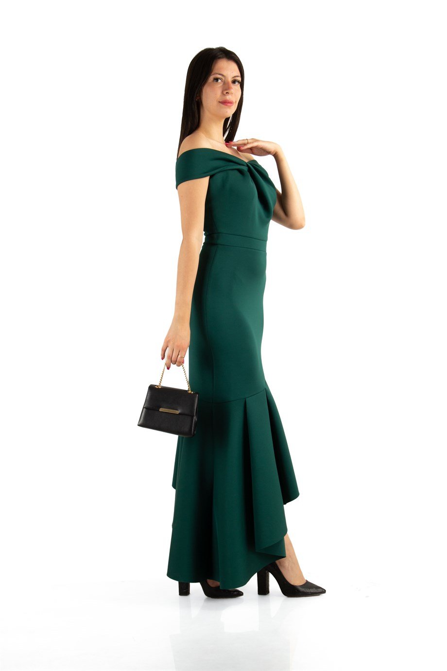 Off Shoulder Asymmetric Cut Long Scuba Dress - Emerald Green