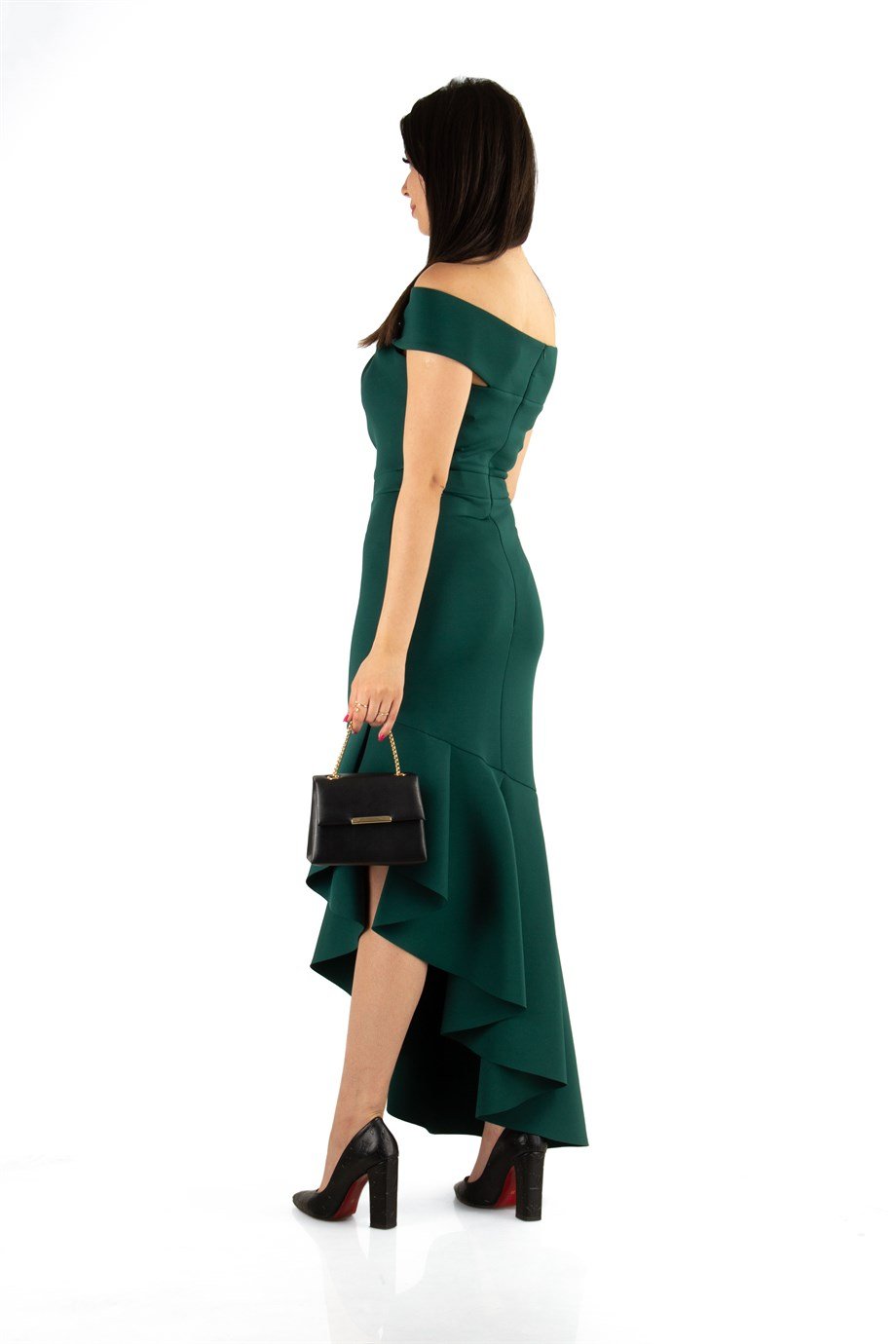 Off Shoulder Asymmetric Cut Long Scuba Dress - Emerald Green