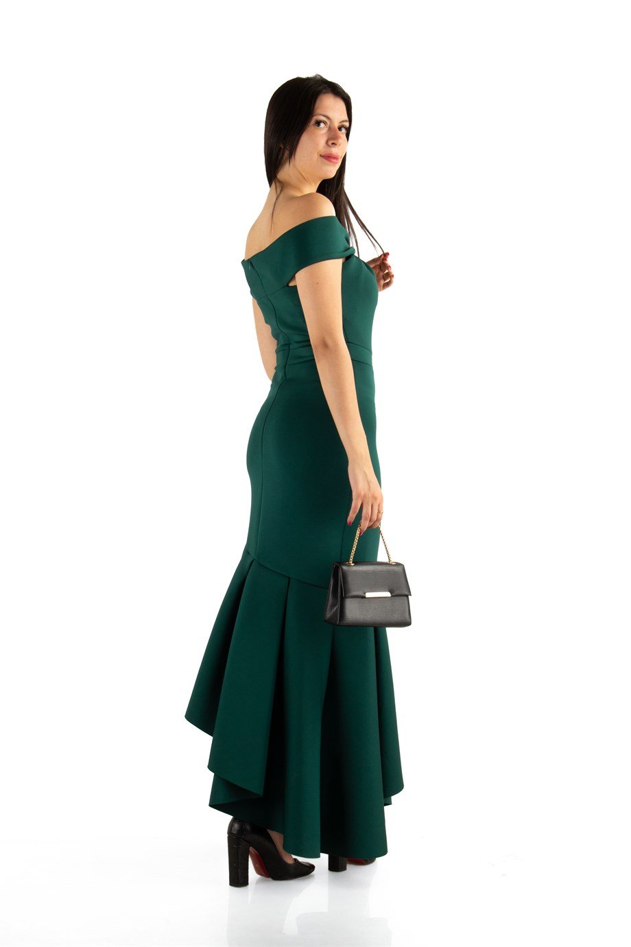 Off Shoulder Asymmetric Cut Long Scuba Dress - Emerald Green