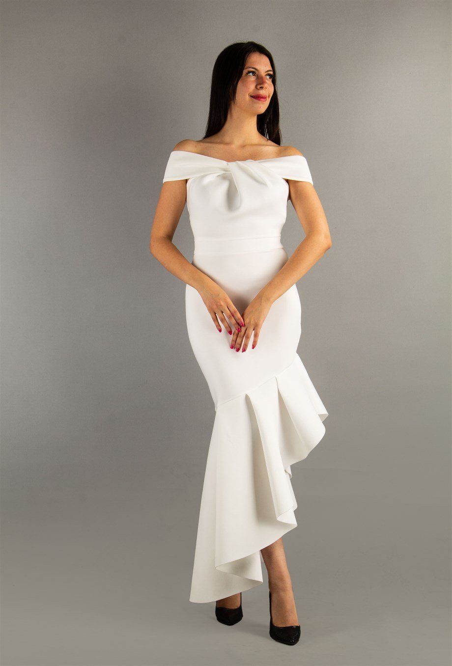 Off Shoulder Asymmetric Cut Long Scuba Dress - White