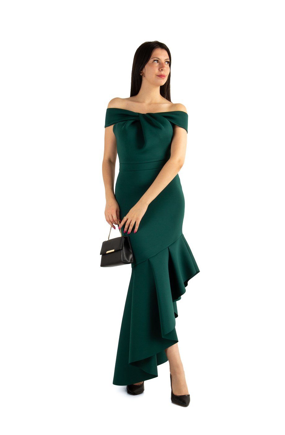 Off Shoulder Asymmetric Cut Long Scuba Dress - Emerald Green