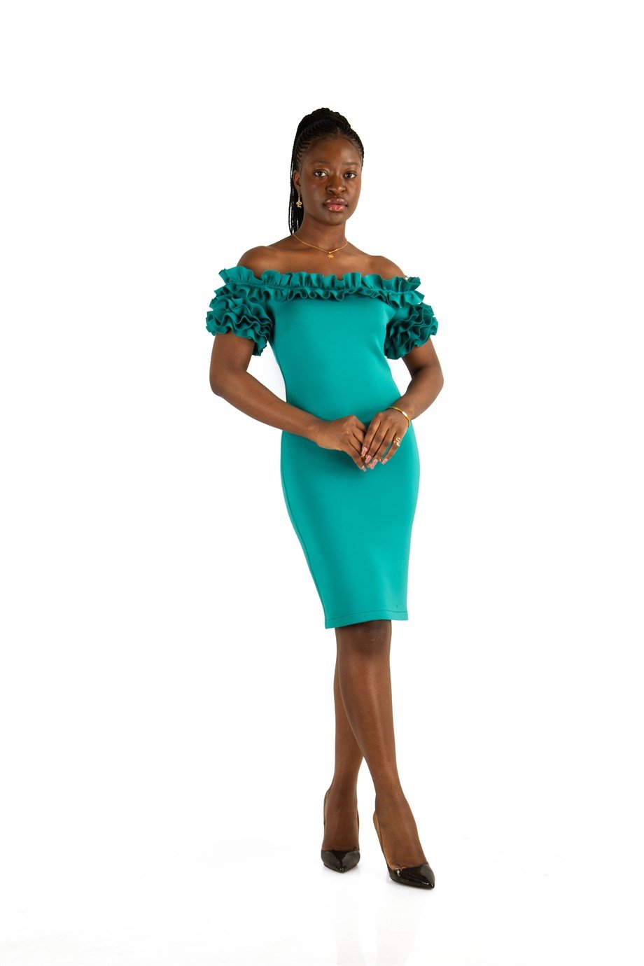Off Shoulder Frilled Scuba Dress - Benetton Green
