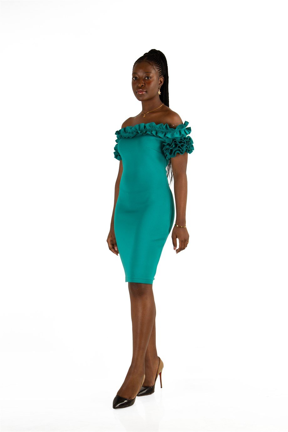 Off Shoulder Frilled Scuba Dress - Benetton Green