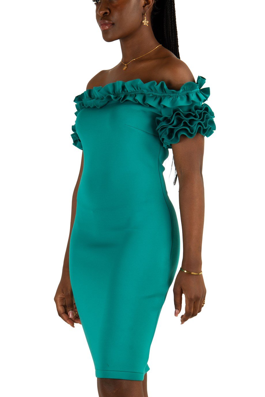 Off Shoulder Frilled Scuba Dress - Benetton Green