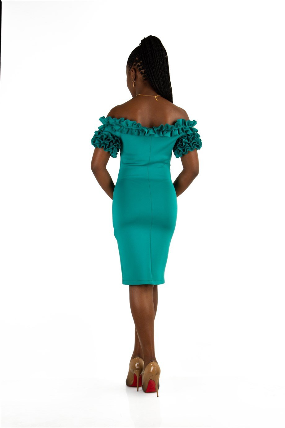 Off Shoulder Frilled Scuba Dress - Benetton Green