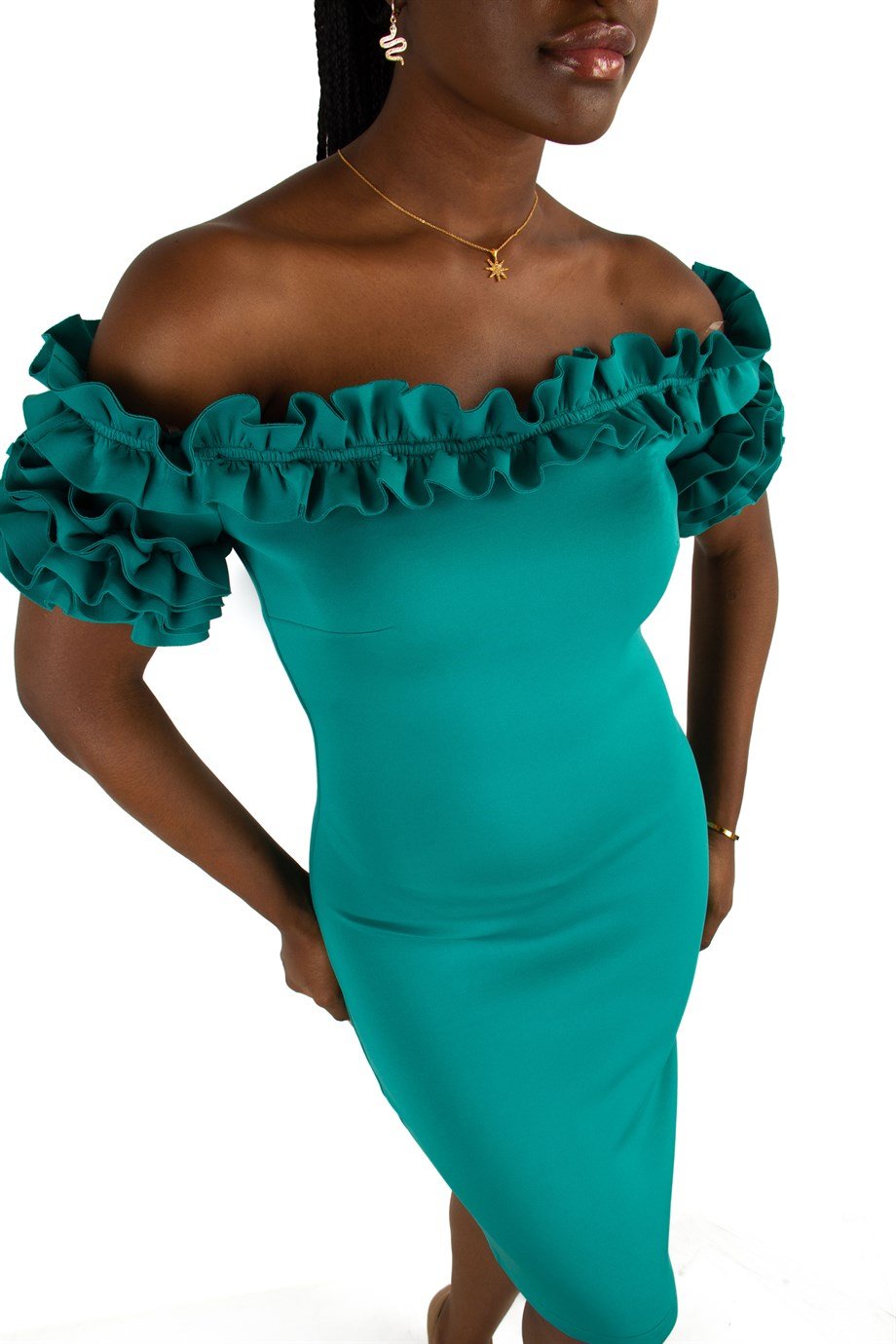 Off Shoulder Frilled Scuba Dress - Benetton Green