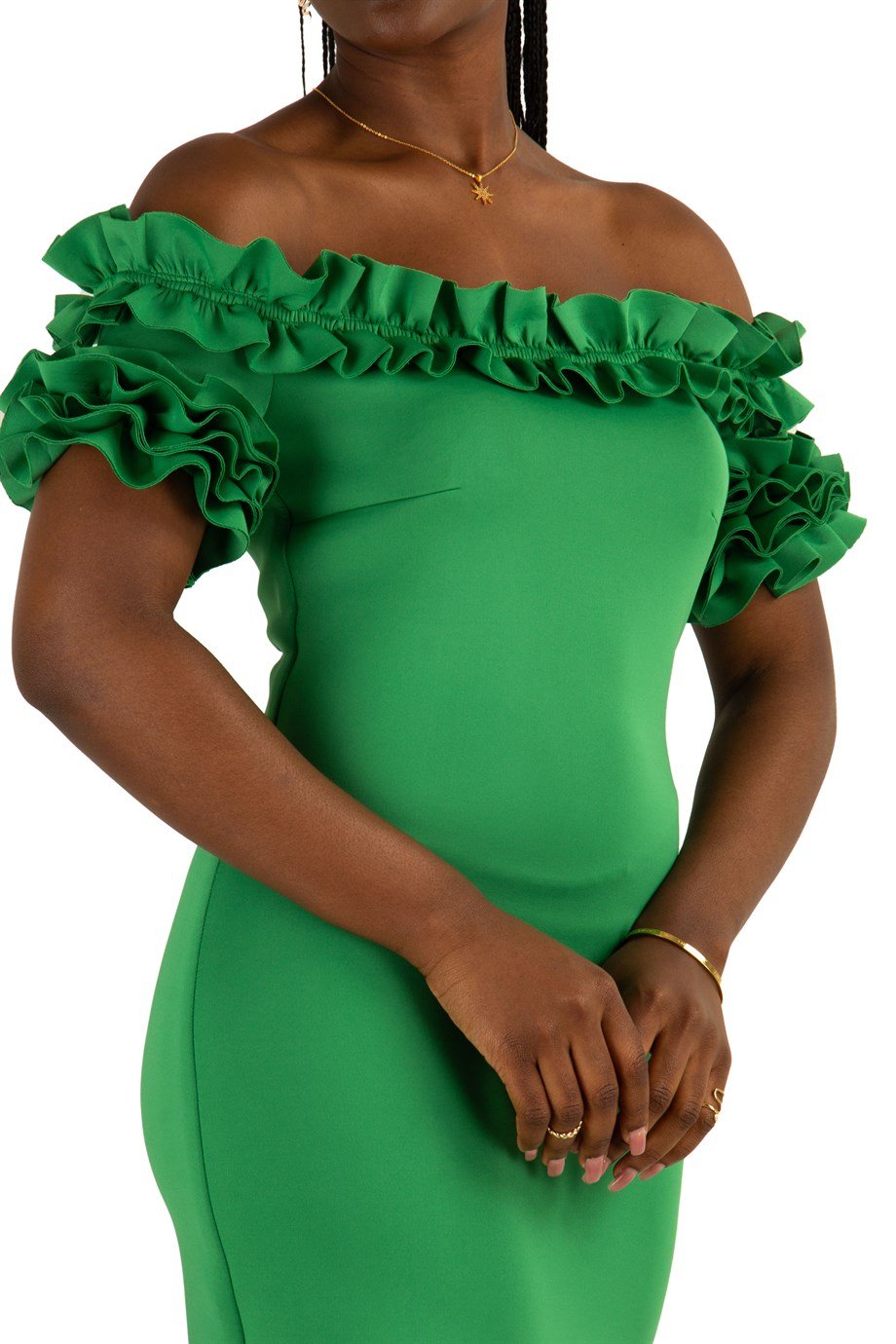 Off Shoulder Frilled Scuba Dress - Grass Green