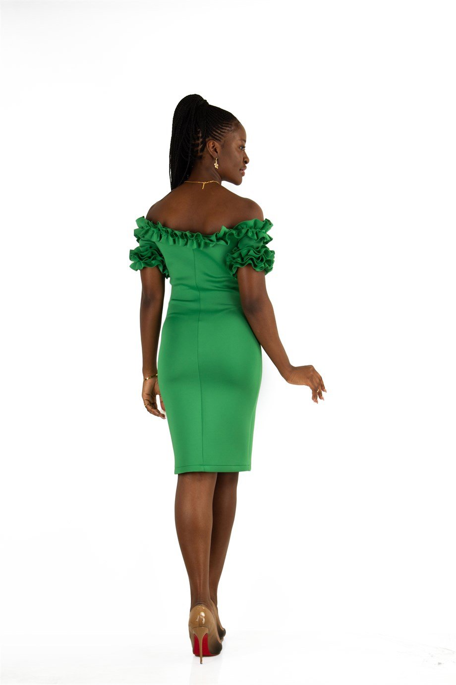 Off Shoulder Frilled Scuba Dress - Grass Green