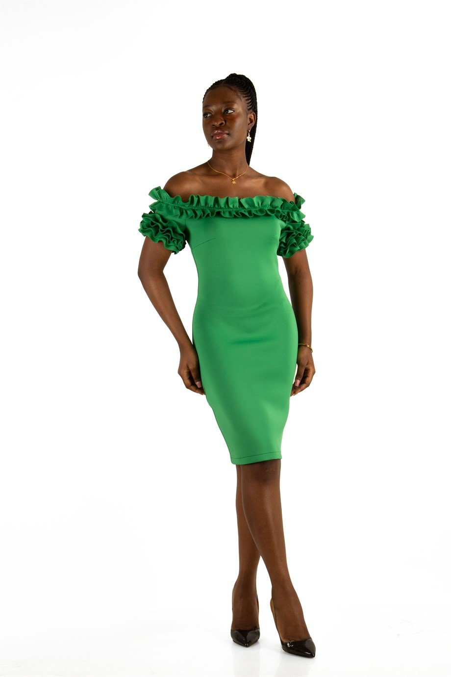 Off Shoulder Frilled Scuba Dress - Grass Green