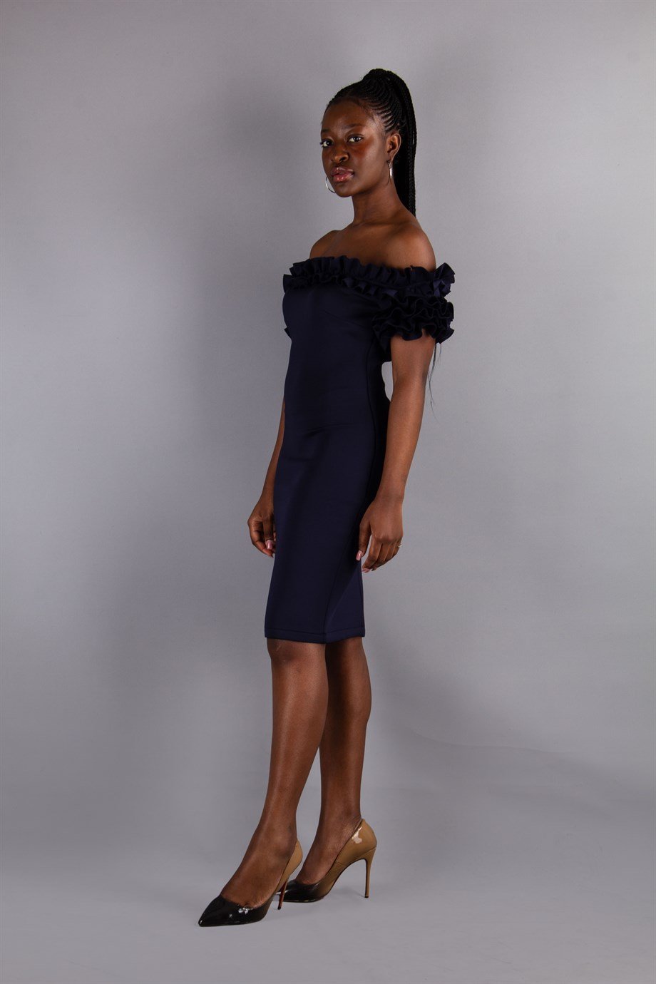 Off Shoulder Frilled Scuba Dress - Navy Blue