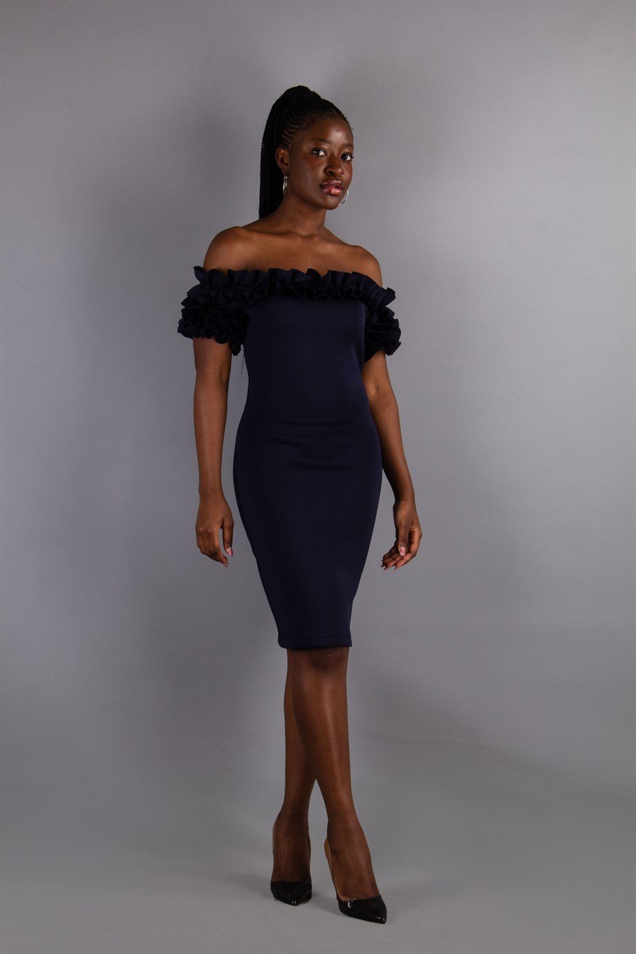 Off Shoulder Frilled Scuba Dress - Navy Blue