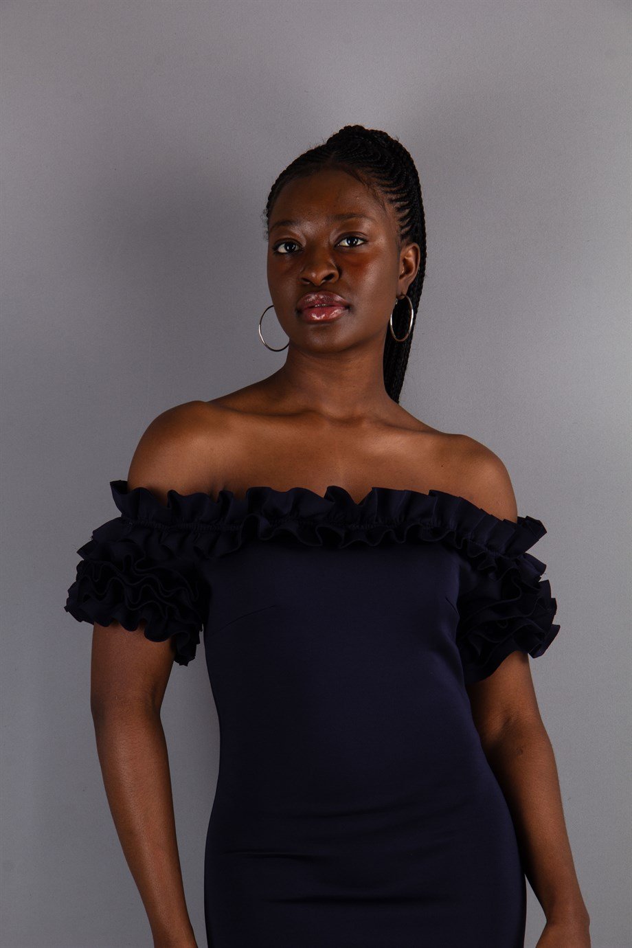 Off Shoulder Frilled Scuba Dress - Navy Blue