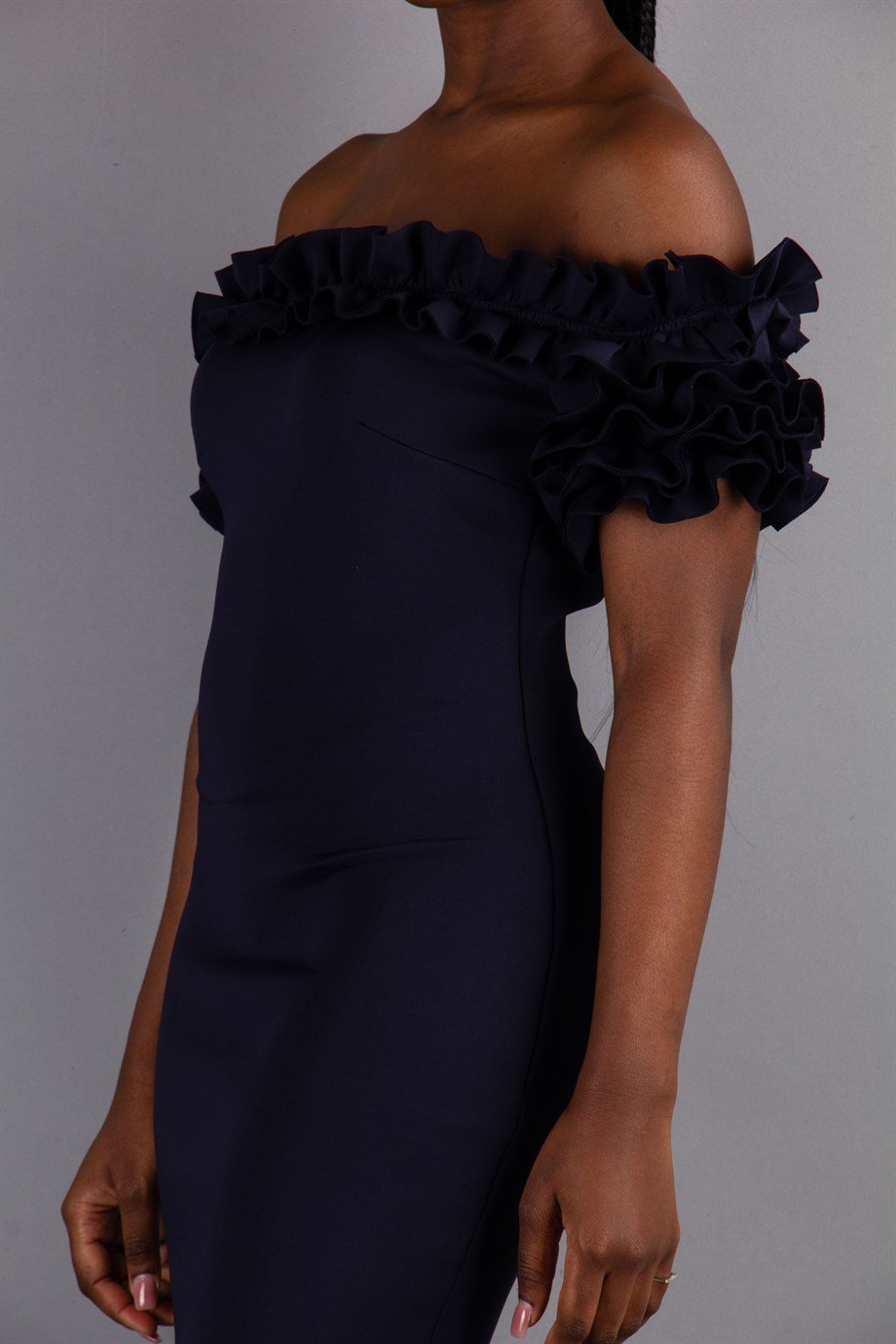 Off Shoulder Frilled Scuba Dress - Navy Blue