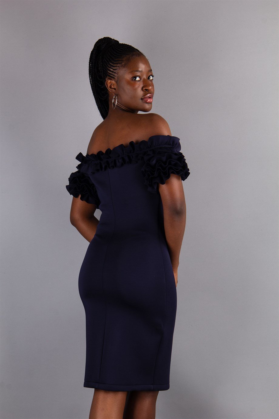 Off Shoulder Frilled Scuba Dress - Navy Blue