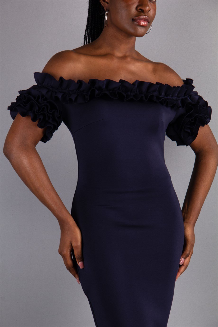 Off Shoulder Frilled Scuba Dress - Navy Blue