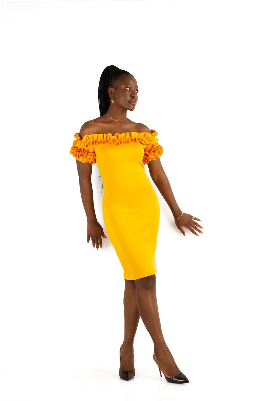 Off Shoulder Frilled Scuba Dress - Yellow