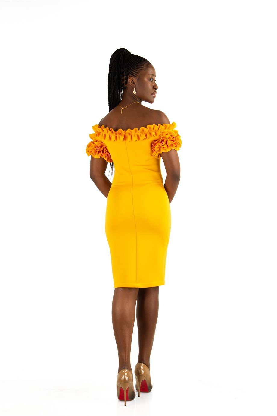 Off Shoulder Frilled Scuba Dress - Yellow