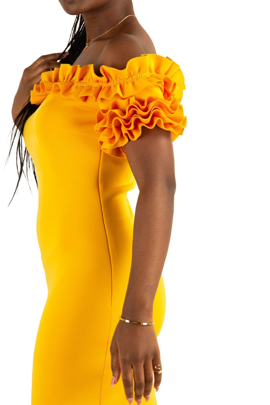 Off Shoulder Frilled Scuba Dress - Yellow