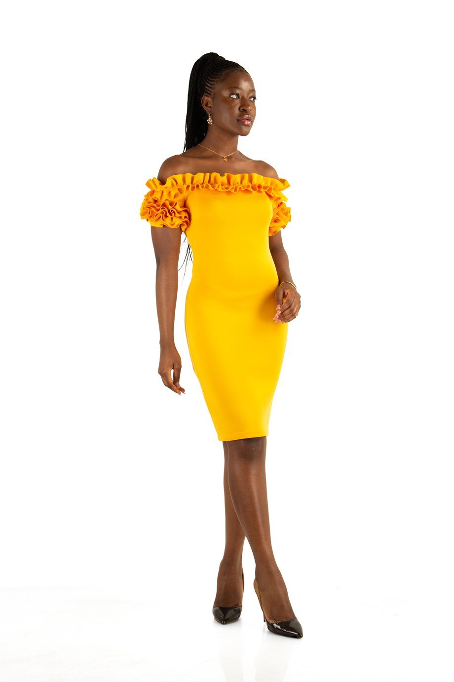 Off Shoulder Frilled Scuba Dress - Yellow