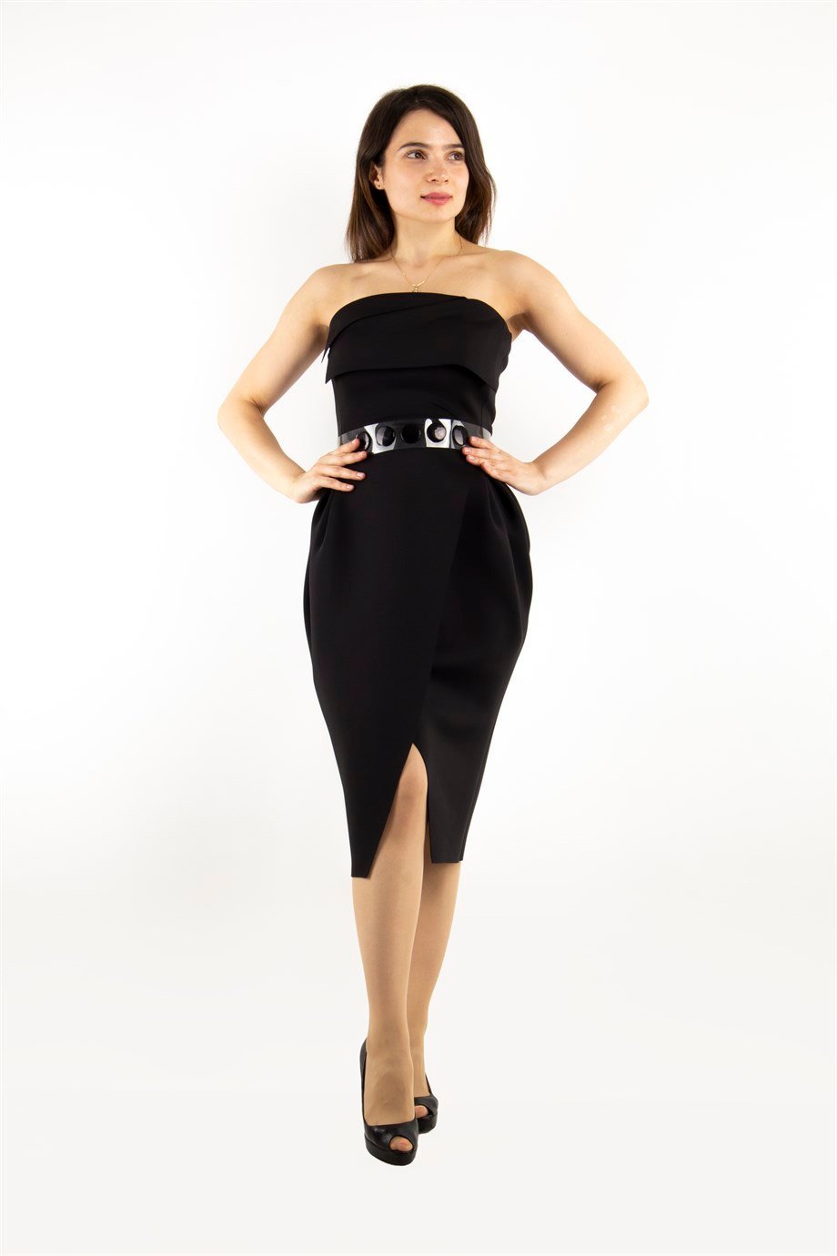 Off Shoulder Mini Scuba Dress With Transparent Belt Detail - Black